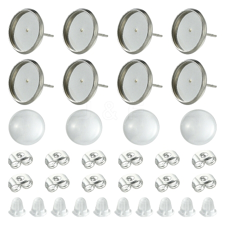 160Pcs 4 Styles Flat Round 304 Stainless Steel Stud Earring Settings with Transparent Glass Cabochons with 304 Stainless Steel Ear Nuts with Plastic Ear Nuts FIND-YW0005-37-1