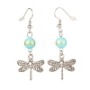 Round Natural Mashan Jade with Alloy Dragonfly Dangle Earrings EJEW-JE04855-05-3
