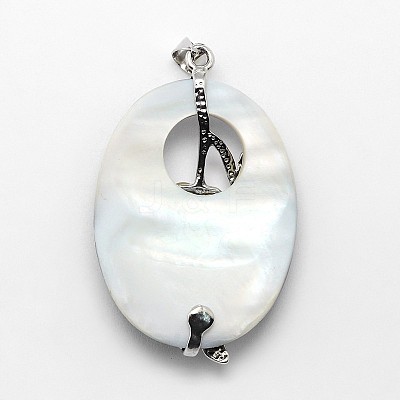 Brass White Shell Oval with Flower Pendants SSHEL-F0006-48B-01-1