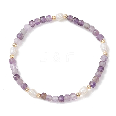 Natural Amethyst Cube Beads Stretch Bracelets for Women BJEW-JB13176-03-1