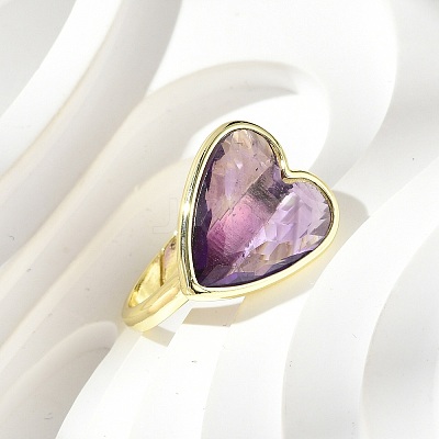Heart Brass Natural Amethyst Finger Rings X-RJEW-D304-01G-A-1