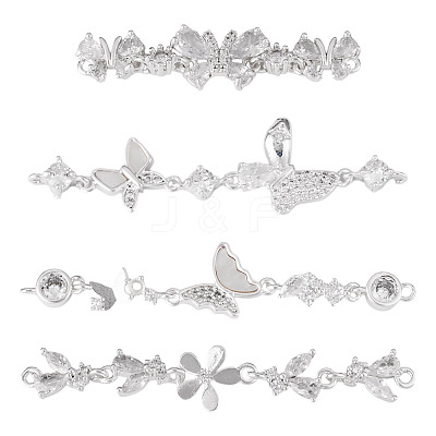 4Pcs 4 Styles Brass Pave Clear Cubic Zirconia Flower Butterfly Connector Charms KK-TA0008-72S-1