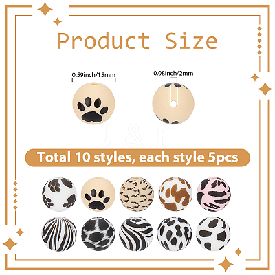 50Pcs 10 Styles Printed Round Silicone Focal Beads SIL-SP0001-25-1