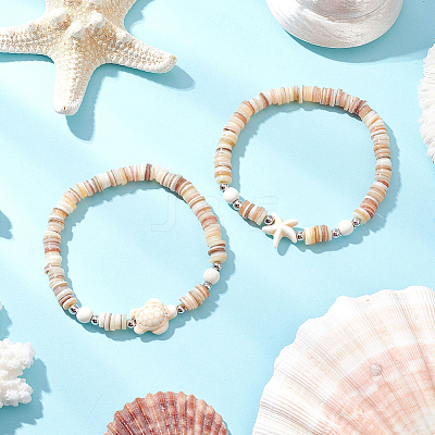 4Pcs 2 Styles Starfish & Tortoise Natural Freshwater Shell with Synthetic Turquoise Beads Stretch Bracelets for Men Women BJEW-PA0001-05-1
