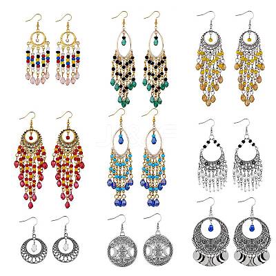 9Pairs 9 Style Horse Eye & Ring & Coin Chandelier Earrings EJEW-SW00010-1