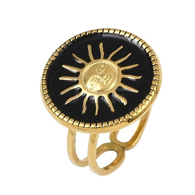 Flat Round with Sun Pattern 304 Stainless Steel Enamel Finger Rings for Women RJEW-G355-05G-1