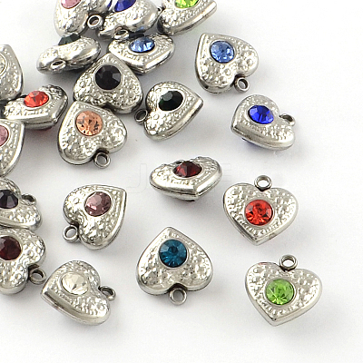 304 Stainless Steel Rhinestone Heart Charms STAS-S042-03-1