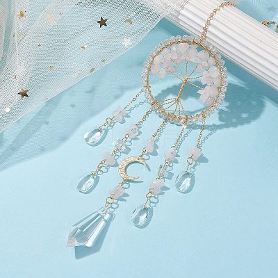 Natural Rose Quartz Copper Wire Wrapped Tree of Life Hanging Ornaments HJEW-TA00110-1