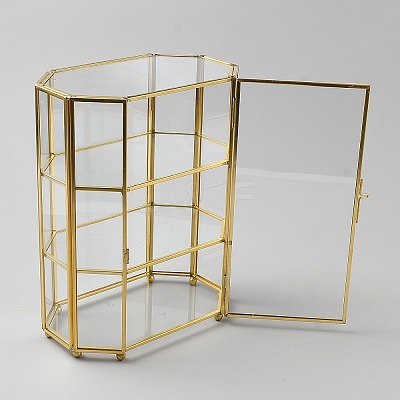 3-Tier Hexagon Glass Jewelry Organizer Display Cases with Iron Frame ODIS-WH0025-335A-1
