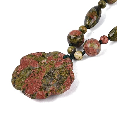Natural Unakite Flower Pendant Necklaces NJEW-N064-08G-1