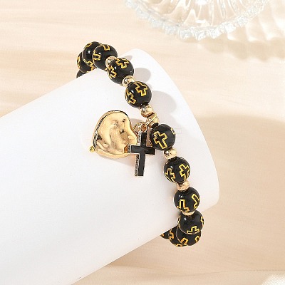 2Pcs 2 Colors Acrylic Beads & Alloy Enamel Cross & CCB Plastic Heart Stretch Charm Bracelet Sets for Women BJEW-JB14200-1