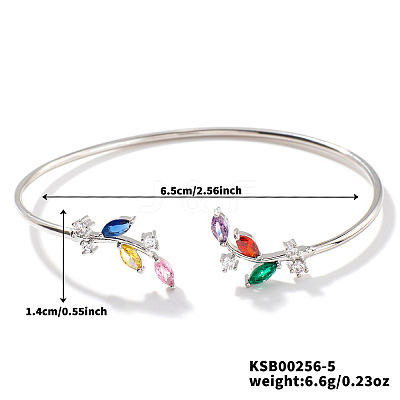 Elegant Brass Cubic Zirconia Leaf Cuff Bangles for Women VL7639-5-1
