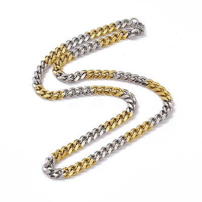 Two Tone PVD Vacuum Plating 201 Stainless Steel Cuban Link Chain Necklace with 304 Stainless Steel Clasps for Men Women NJEW-M194-01D-GP-1