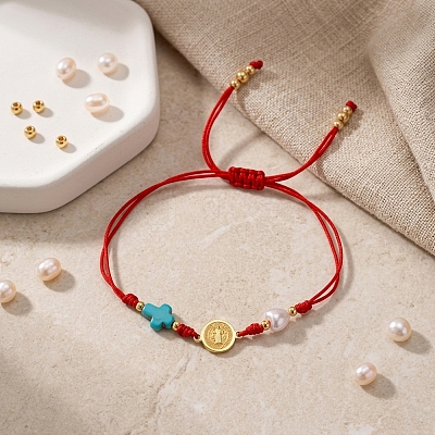 Religion Dyed Synthetic Turquoise Cross and Imitation Pearl Braided Bead Bracelets KV1006-1
