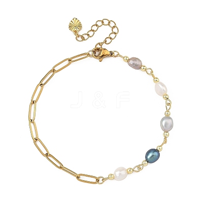 Natural Pearl Two Sides Polished Beaded Chain Bracelets with 304 Stainless Steel Paperclip Chains BJEW-JB14234-03-1