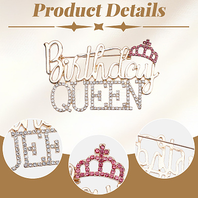 2Pcs Birthday Queen Rhinestone Pins JEWB-SP0001-11G-1