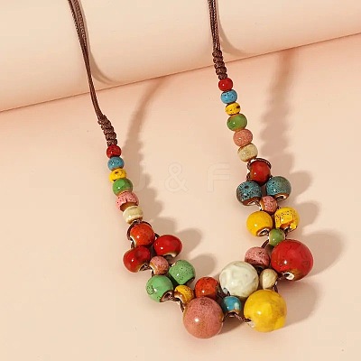 Bohemian Porcelain Round Beaded Imitation Leather Cord Bib Necklaces for Women FS-WG95F0C-01-1