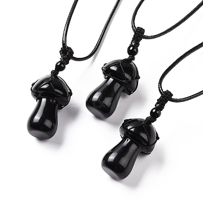 Natural Obsidian Mushroom Pendant Necklace NJEW-E065-01E-1