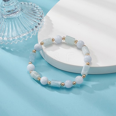 Natural Aquamarine Column & Round Stretch Bracelet for Women BJEW-JB09351-03-1