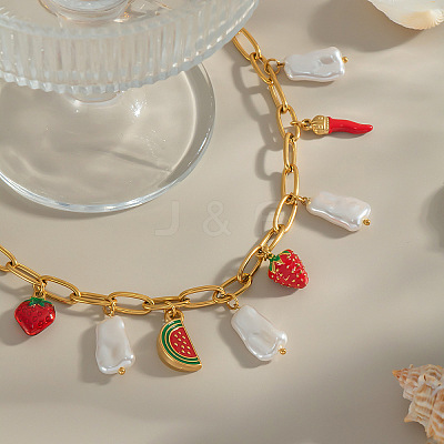 Ocean 304 Stainless Steel Enamel Red Strawberry Watermelon & Natural Freshwater Pearl Pendant Paperclip Chain Bib Necklaces for Women VT2303-1