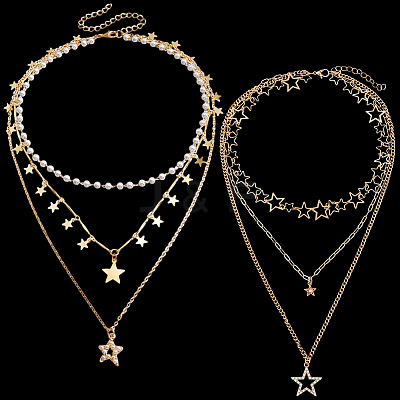 2Pcs 2 Styles Star Alloy Pendant 3 Layered Necklaces for Women NJEW-SC0001-55-1