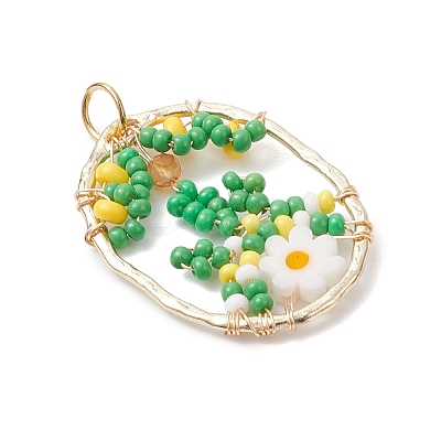 Glass Seed Beaded Oval with Flower Pendants PALLOY-MZ01061-03-1