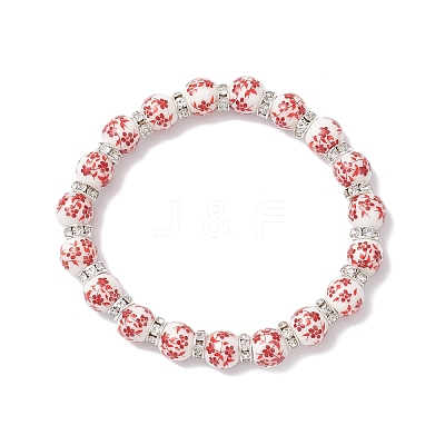 Flower Printed Porcelain Ceramic Beads Stretch Bracelets for Women BJEW-JB12375-1