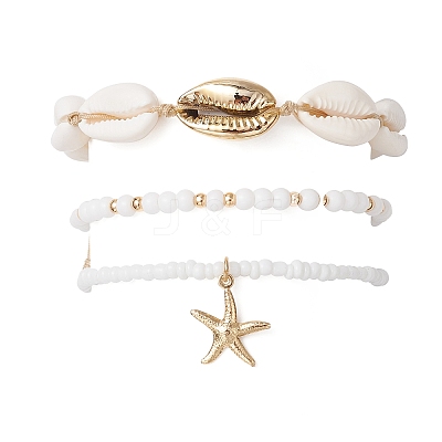 3Pcs 3 Styles Glass Seed Beads Stretch Bracelets & Charm Bracelets & Natural Mixed Cowrie Shell Beads Braided Bracelets BJEW-TA00639-1