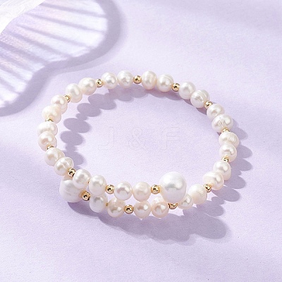 Natural Cultured Freshwater Pearl & Brass Beaded Bangles for Women BJEW-JB13342-1