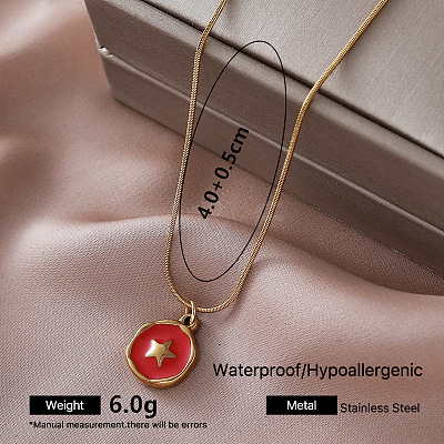 304 Stainless Steel Enamel Flat Round with Star Pendant Necklaces for Women FB4666-1-1
