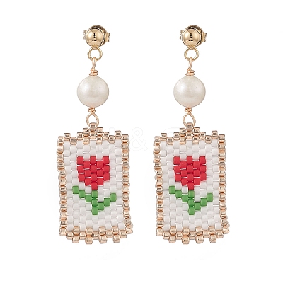 Natural Pearl with Glass Seed Flower of Life Dangle Stud Earrings EJEW-MZ00014-01-1