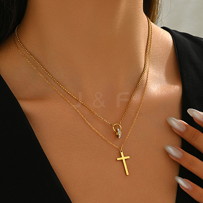 Stainless Steel Crystal Rhinestone Cross Pendant Double Layer Necklaces for Women BW9176-1