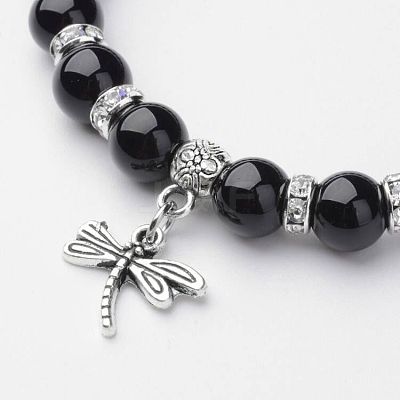 Natural Dyed & Heated Black Agate Charm Bracelets BJEW-G527-A02-1