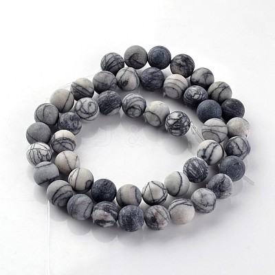 Frosted Natural Black Silk Stone/Netstone Round Beads Strands G-E330-8mm-04-1