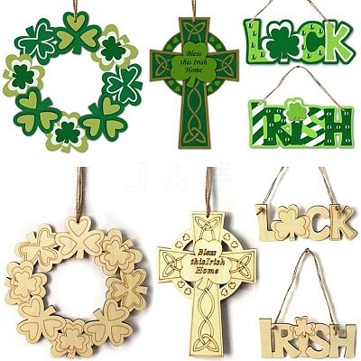 DIY Shamrock Wreath Unfinished Wooden Ornaments Blank Wooden Embellishments WOOD-C009-01-1