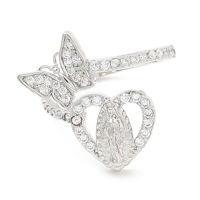 Clear Cubic Zirconia Heart Virgin Mary with Butterfly Open Cuff Ring RJEW-E064-05P-1