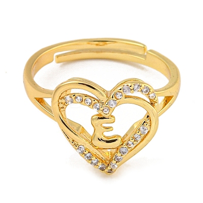 Heart with Letter Rack Plating Brass Micro Pave Clear Cubic Zirconia Adjustable Rings for Women RJEW-I105-01G-E-1