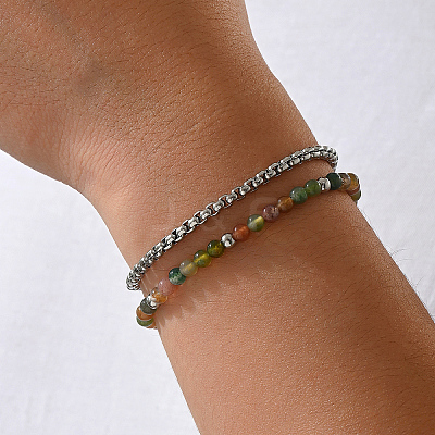 Natural Indian Agate Round Beaded 2-Strand Bracelets with 201 Stainless Steel Box Chains for Men Women EI8345-3-1