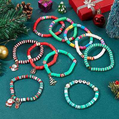 10Pcs 10 Styles Polymer Clay Heishi Beaded Stretch Bracelet Sets for Christmas BJEW-JB06128-1