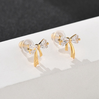 Bowkont Brass Micro Pave Clear Cubic Zirconia Stud Earrings EJEW-B131-03G-1