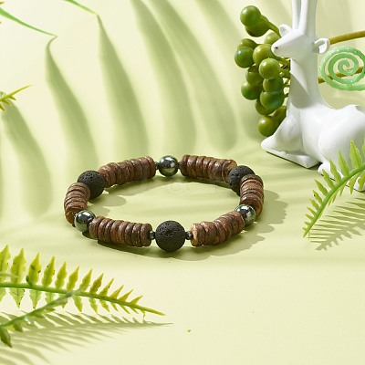 Natural Coconut Rondelle Beads Stretch Bracelet for Men Women BJEW-JB06771-01-1