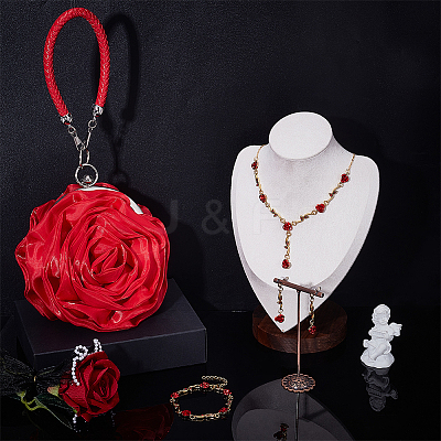 Rose Alloy Dangle Stud Earrings & Link Chain Bracelet & Pendant Necklace Sets SJEW-UN0001-22-1