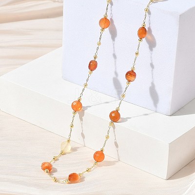 Natural Carnelian Faceted Flat Round Beaded Chain Necklaces with Matte Brass Beads GG-CBA37F5-01G-06-1
