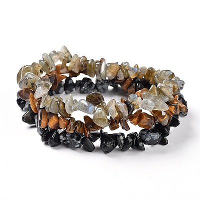 Chips Natural Labradorite & Snowflake Obsidian & Tiger Eye Beaded Stretch Bracelets Sets BJEW-JB05332-05-1