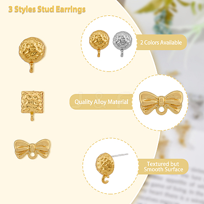 48Pcs 6 Style Half Round & Bowknot & Rectangle Alloy Stud Earring Findings FIND-DC0003-22-1