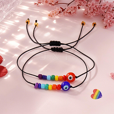 2Pcs Pride Month Evil Eye Glass Seed Beaded & Handmade Lampwork Braided Bead Bracelets MO7433-2-1