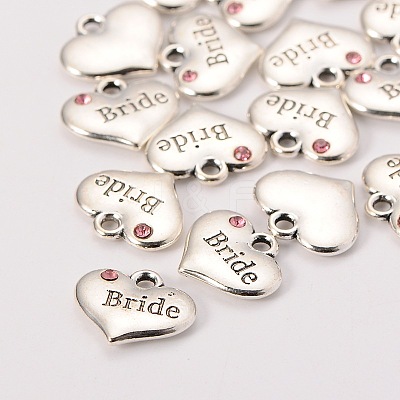 Wedding Theme Antique Silver Tone Tibetan Style Heart with Bride Rhinestone Charms TIBEP-N005-12D-1