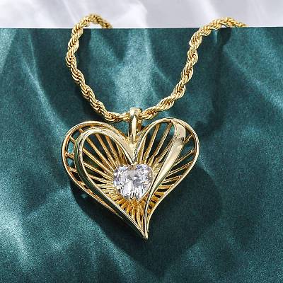 Brass Pave Clear Cubic Zirconia Heart Pendant Necklaces for Women NJEW-K381-07A-G-1