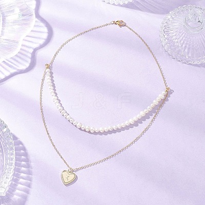 Natural Cultured Freshwater Pearl Potato Beaded Brass Heart with Letter Pendant Double Layer Necklaces NJEW-JN05392-01-1