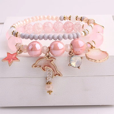 2Pcs 2 Styles Plastic & Glass Beaded Stretch Bracelets FS-WGE3E77-01-1